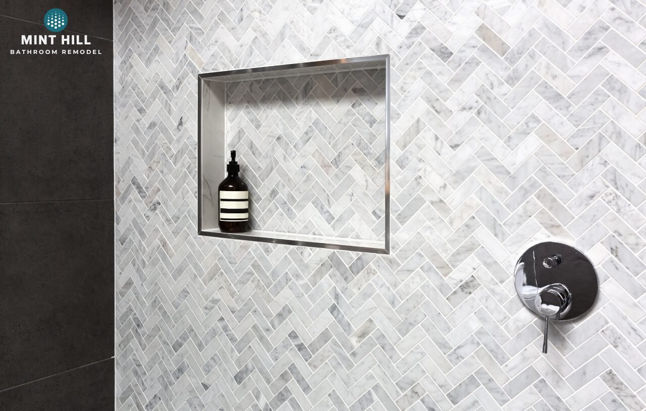 Bathroom Remodel in Mint Hill, NC showcasing herringbone patterned tile shower.